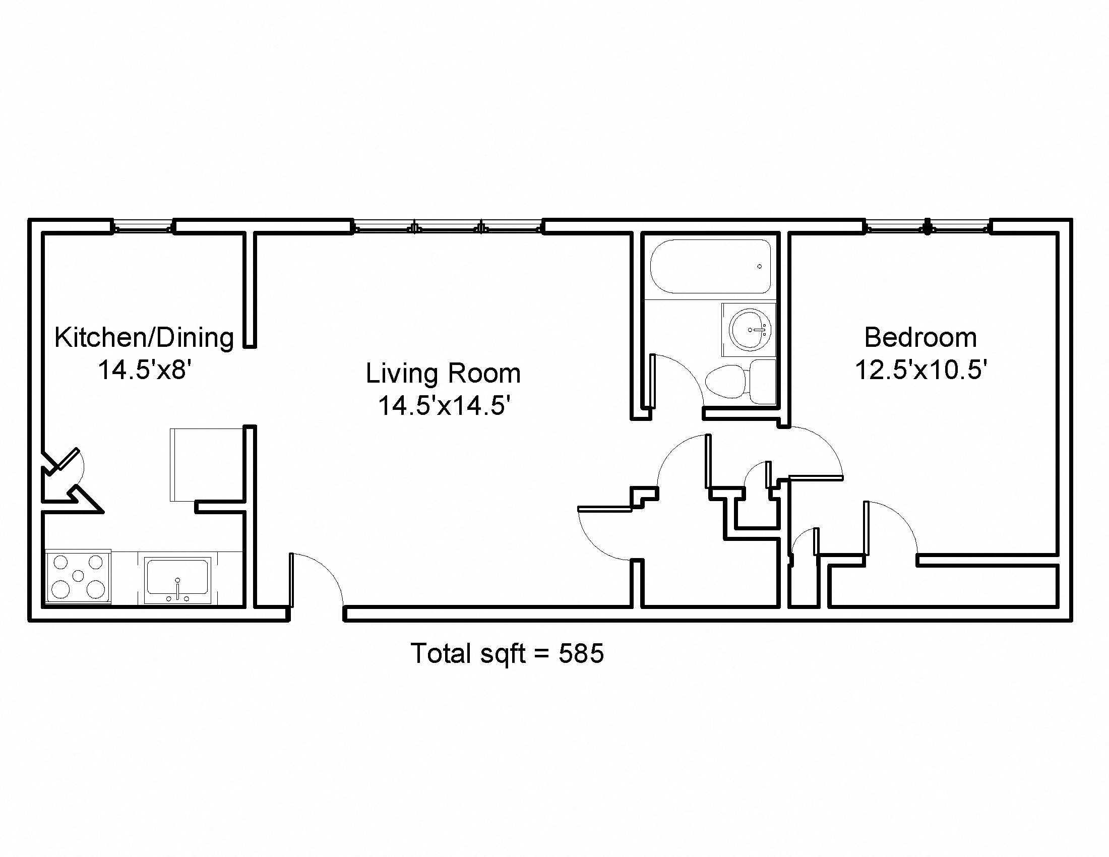Floor plan for 1 bed, 1 bath, 585 sqft